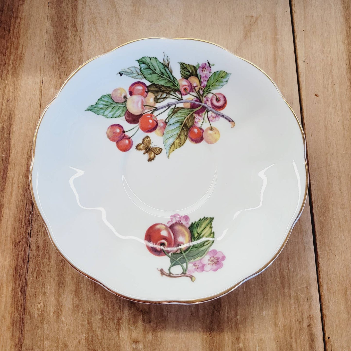 Vintage Queen Anne Bone China Teacup And Saucer Cherries