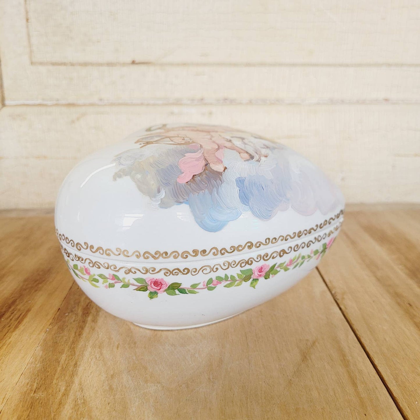Rubel Heart Jewelry Trinket Box Handpainted Roses Cherubs Portugal