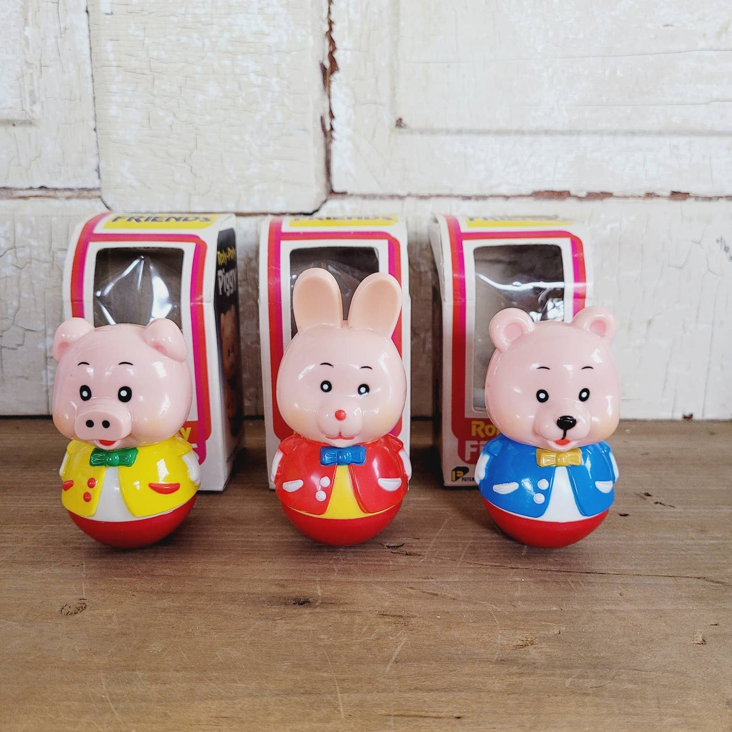Vintage Roly-Poly Friends Piggy Rabbit Bear NOS with Boxes