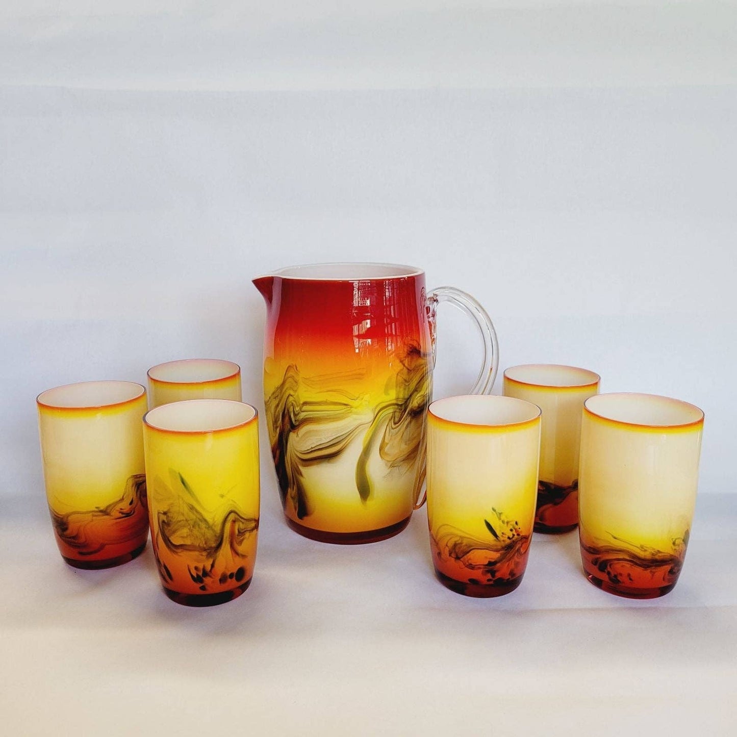 Vintage Cased Glass Tumblers and Pitcher