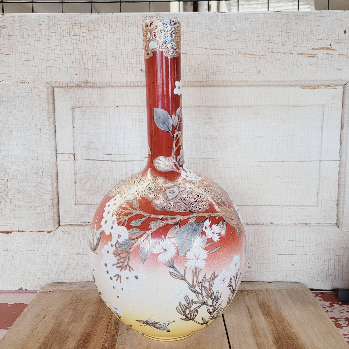 Antique Japanese Porcelain Vase with Butterflies and Blossoms