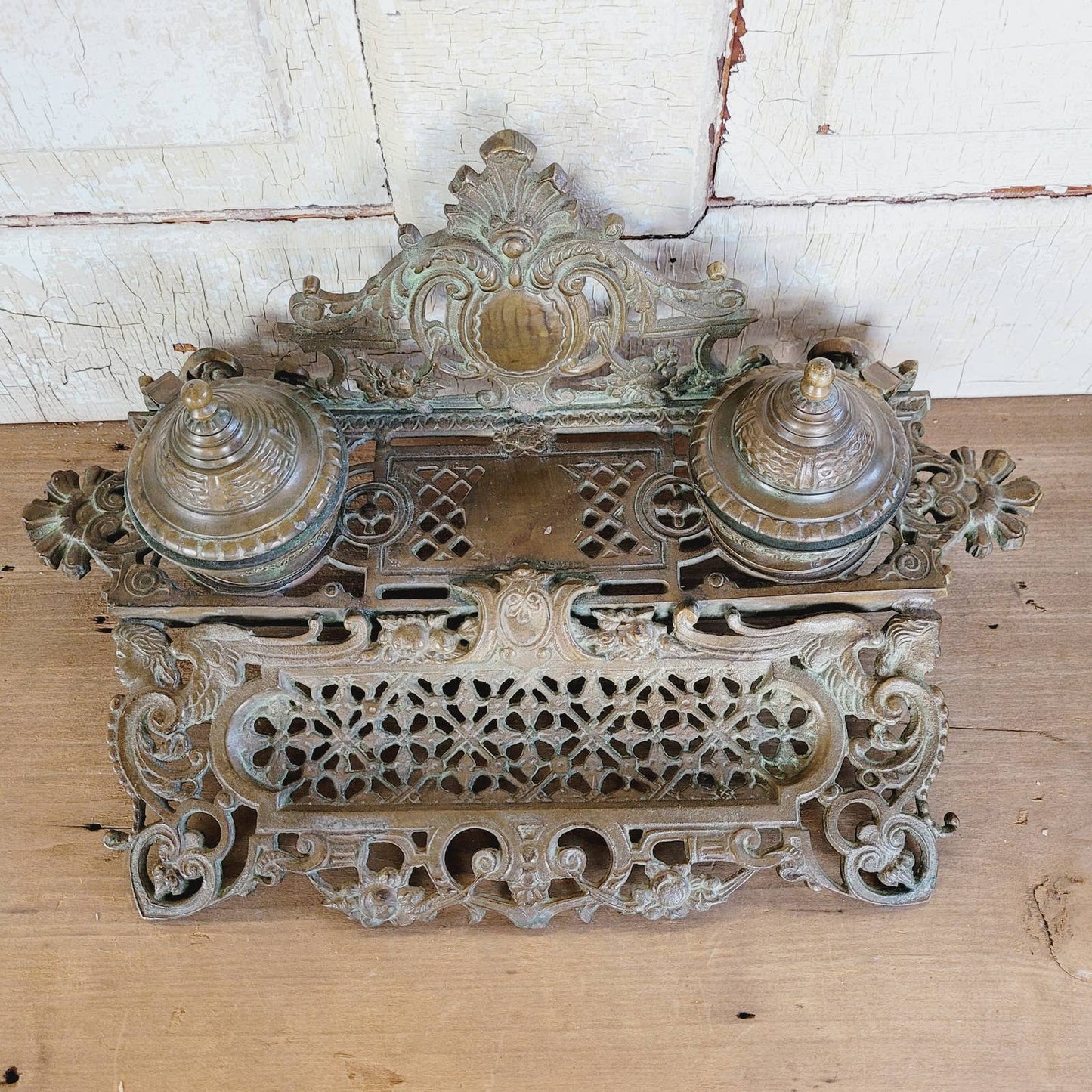 Original Antique Brass Double Inkwell