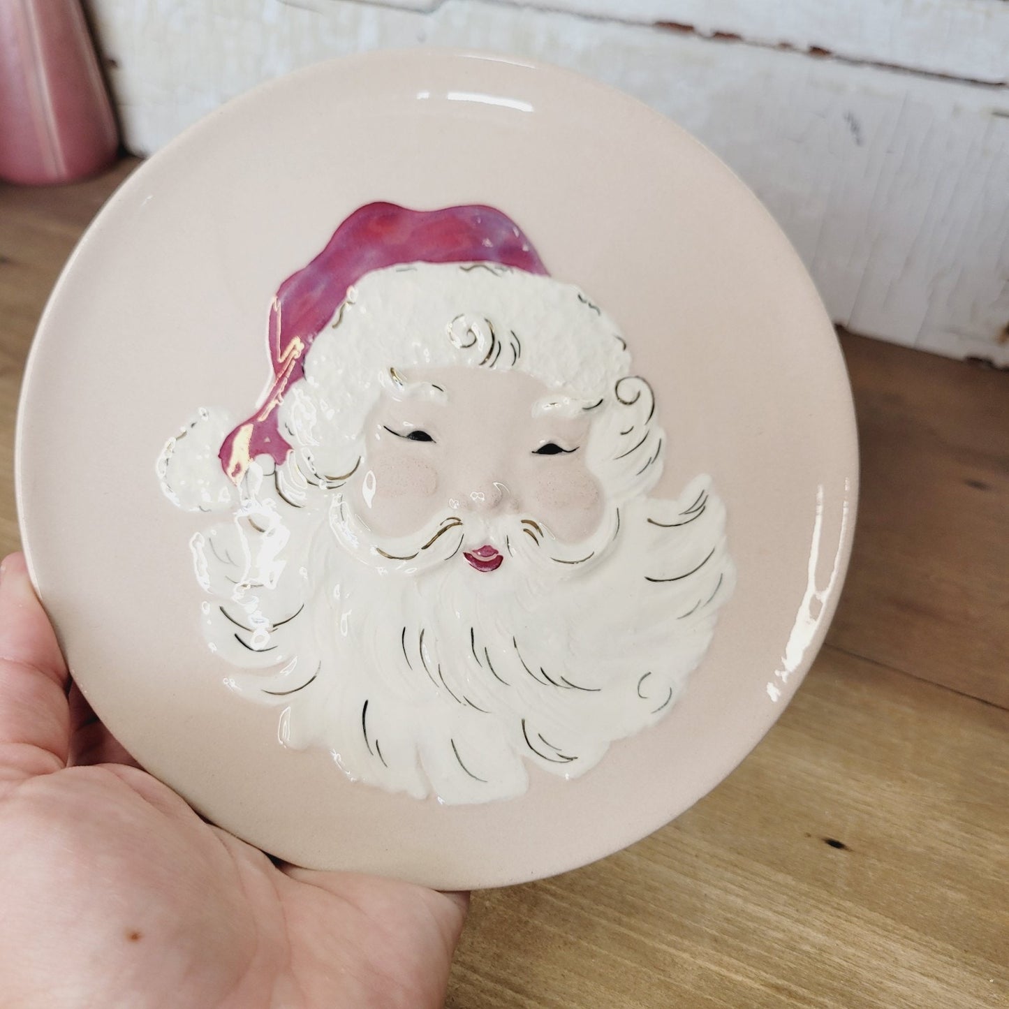 Kay Finch California Santa Face Relief Plate Blush Pink Gold Vintage