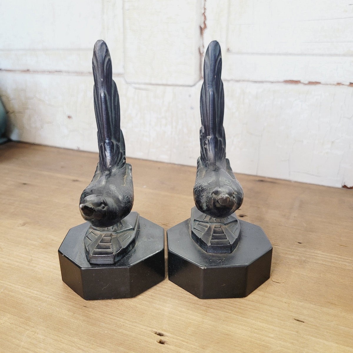 Vintage Art Deco Bookends Bird Figural Spelter Upswept Tail Black Stone Base