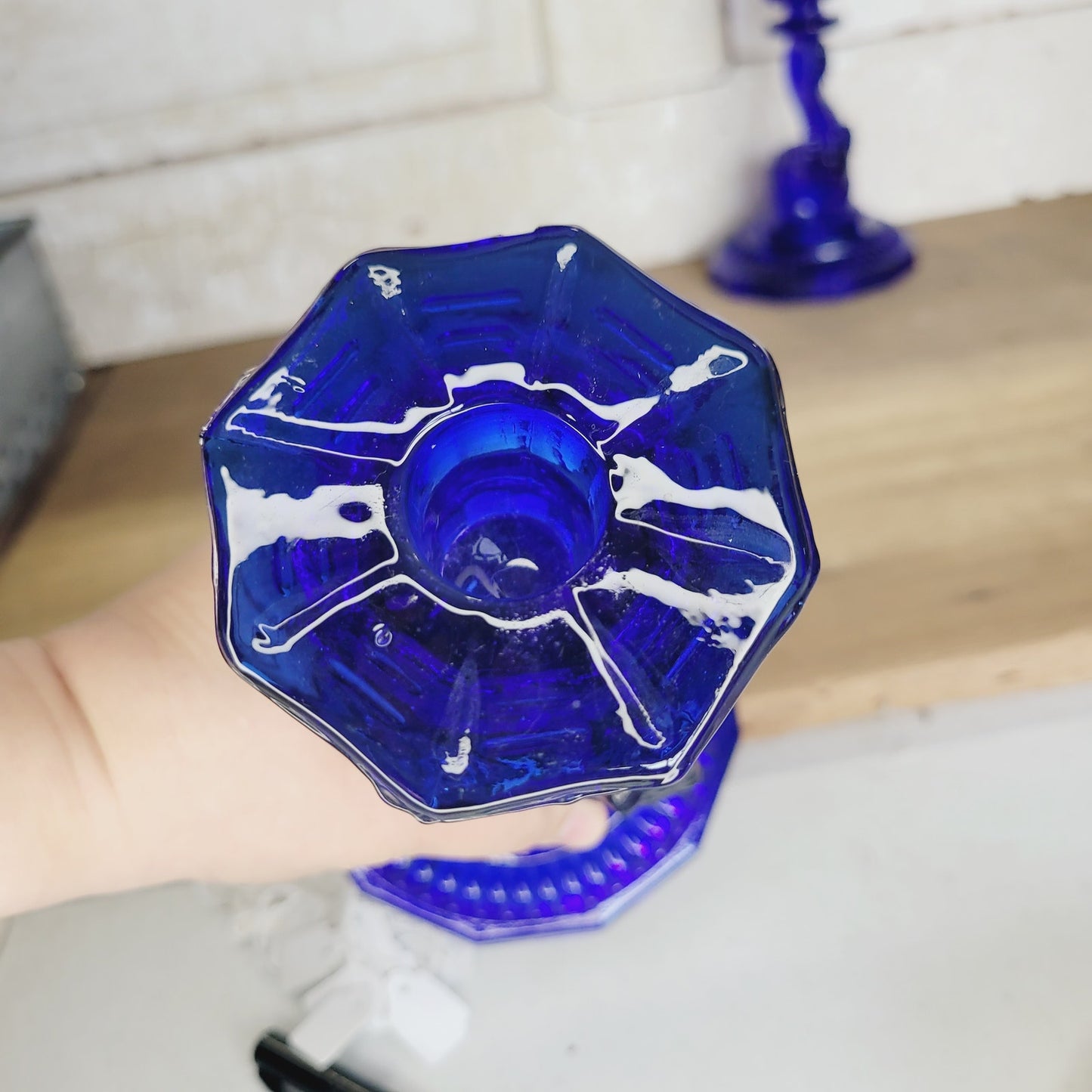 Vintage Portieux Vallerysthal Cobalt Blue Koi Fish Candlesticks Pair French Glass Dolphin Candle Holders