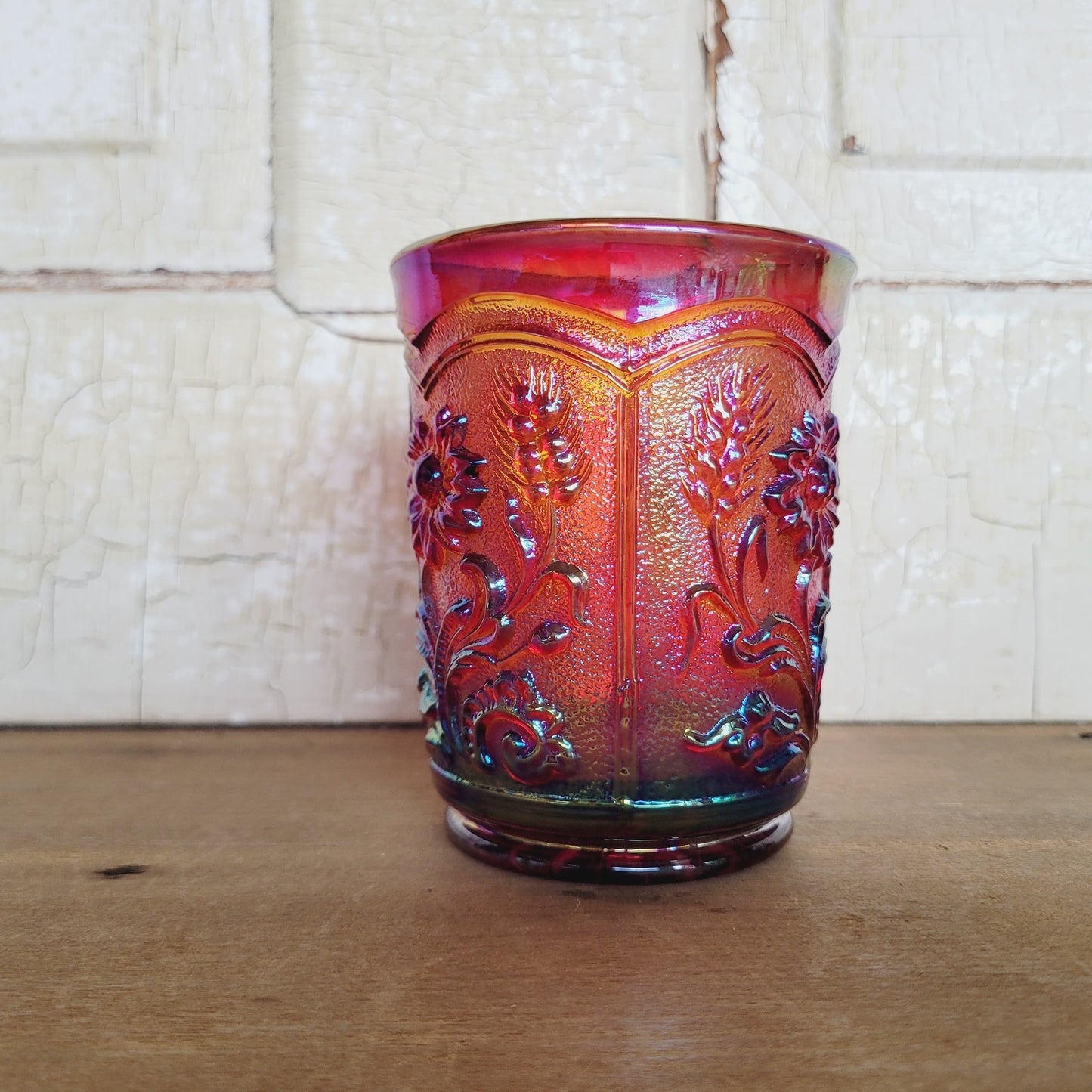 Imperial Glass Fieldflower Carnival Glass Tumbler Sunset Ruby Red Vintage