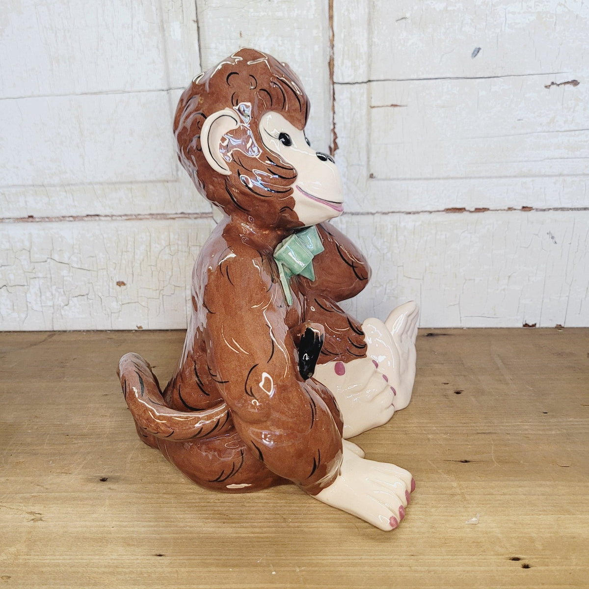 Kay Finch California Happy Monkey Figurine 4903 Brown Green Bow MCM 10.5in