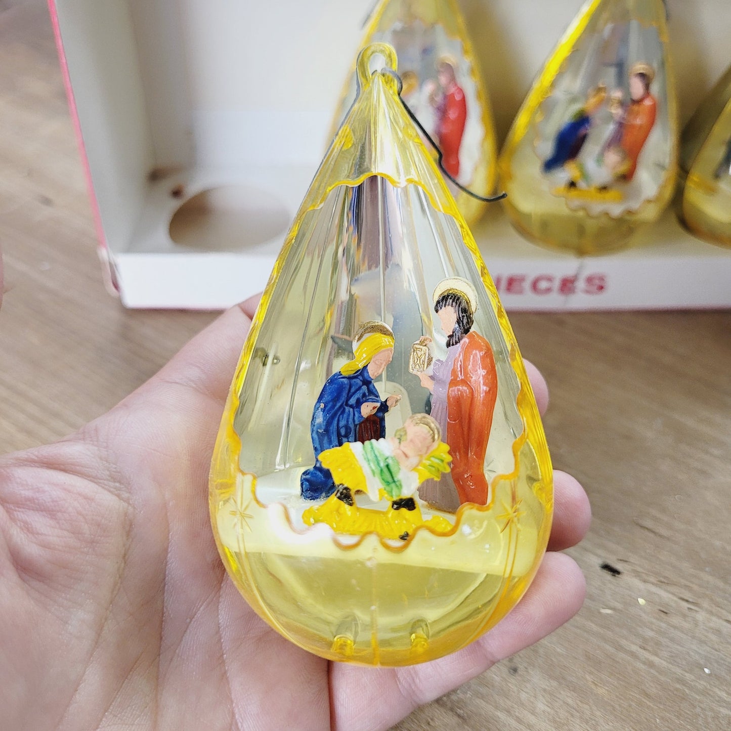 Vintage Jewel Brite Nativity Diorama Christmas Ornaments Set of 4 with Box