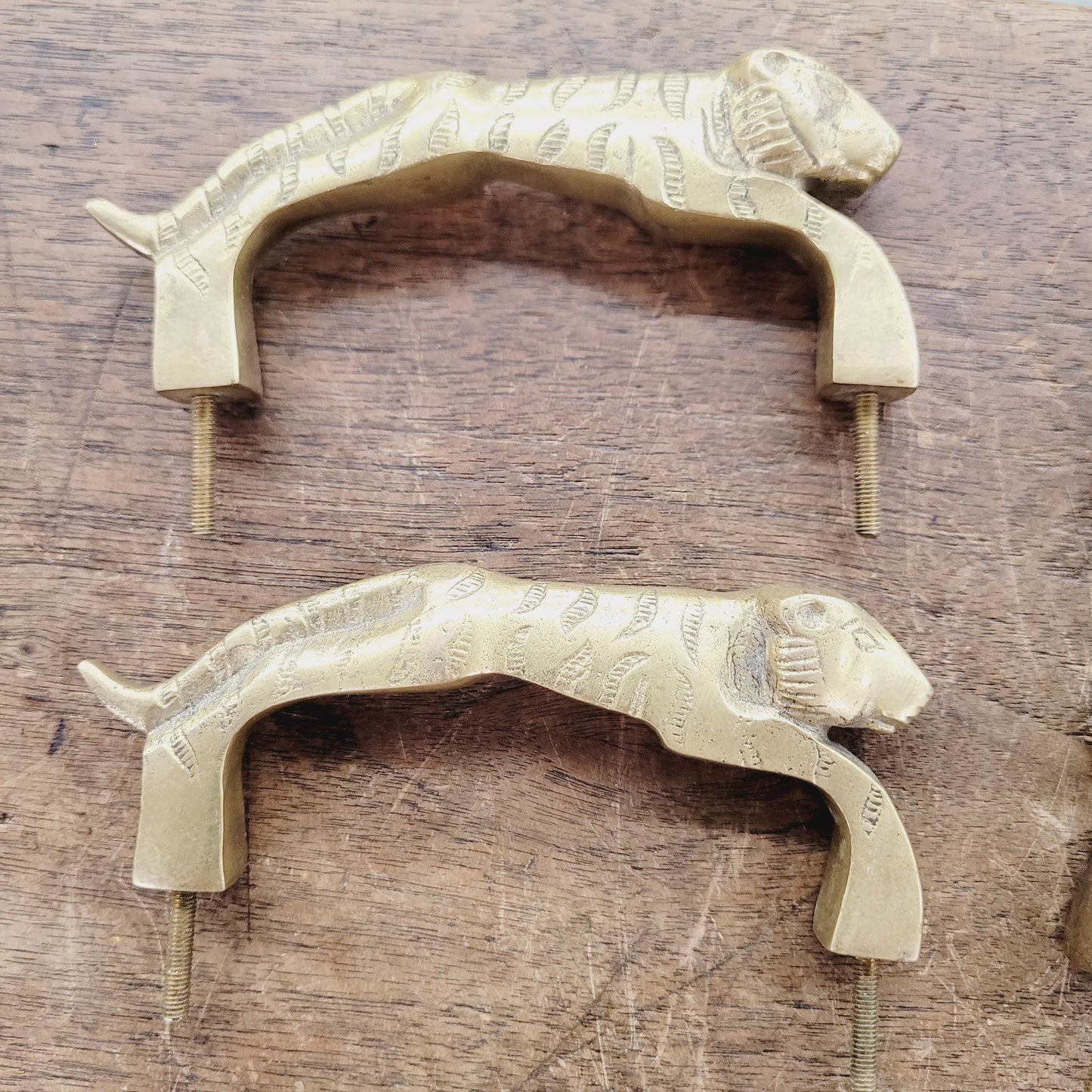 Vintage Brass Tiger Drawer Pulls 4pc Set Heavy Cabinet Hardware 4" Centers