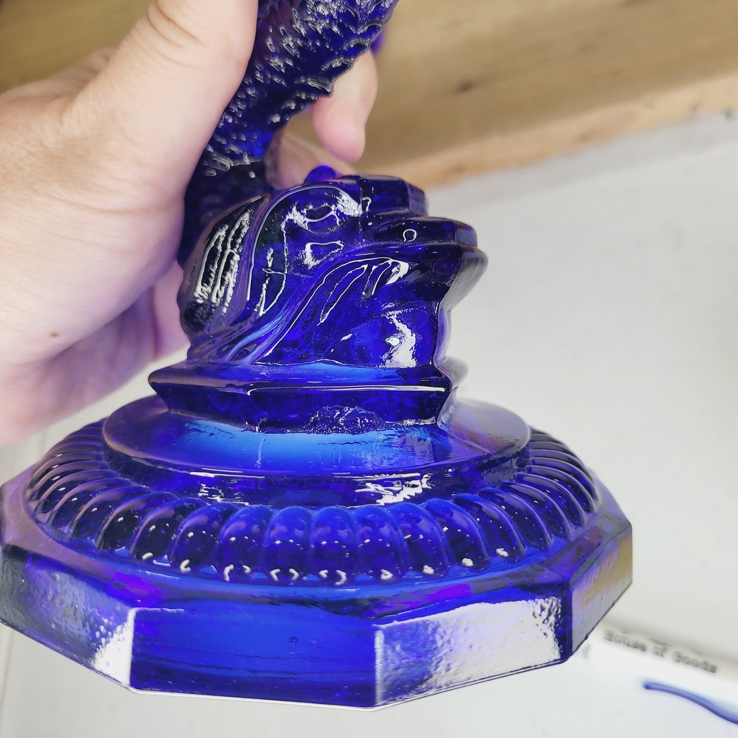 Vintage Portieux Vallerysthal Cobalt Blue Koi Fish Candlesticks Pair French Glass Dolphin Candle Holders