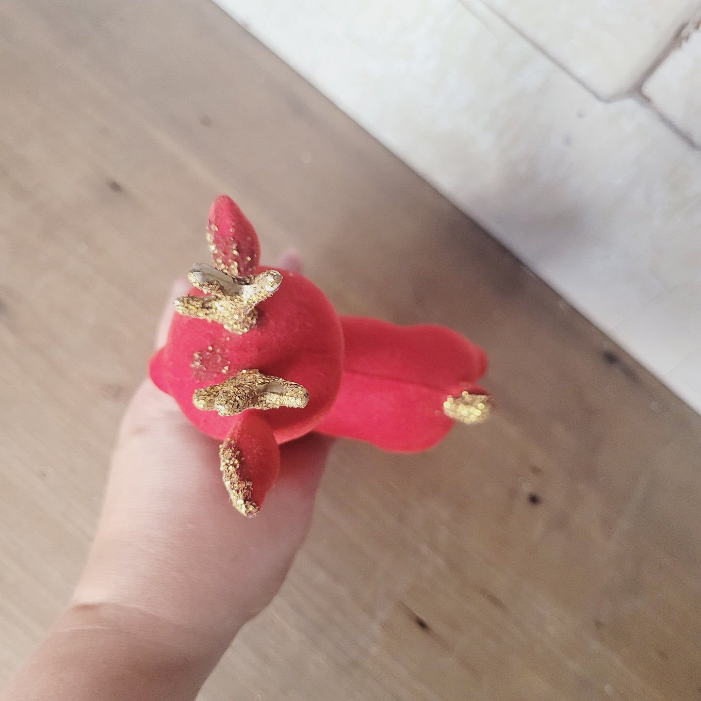Vintage Red Flocked Reindeer 8" Figurine with Bell & Glitter Antlers