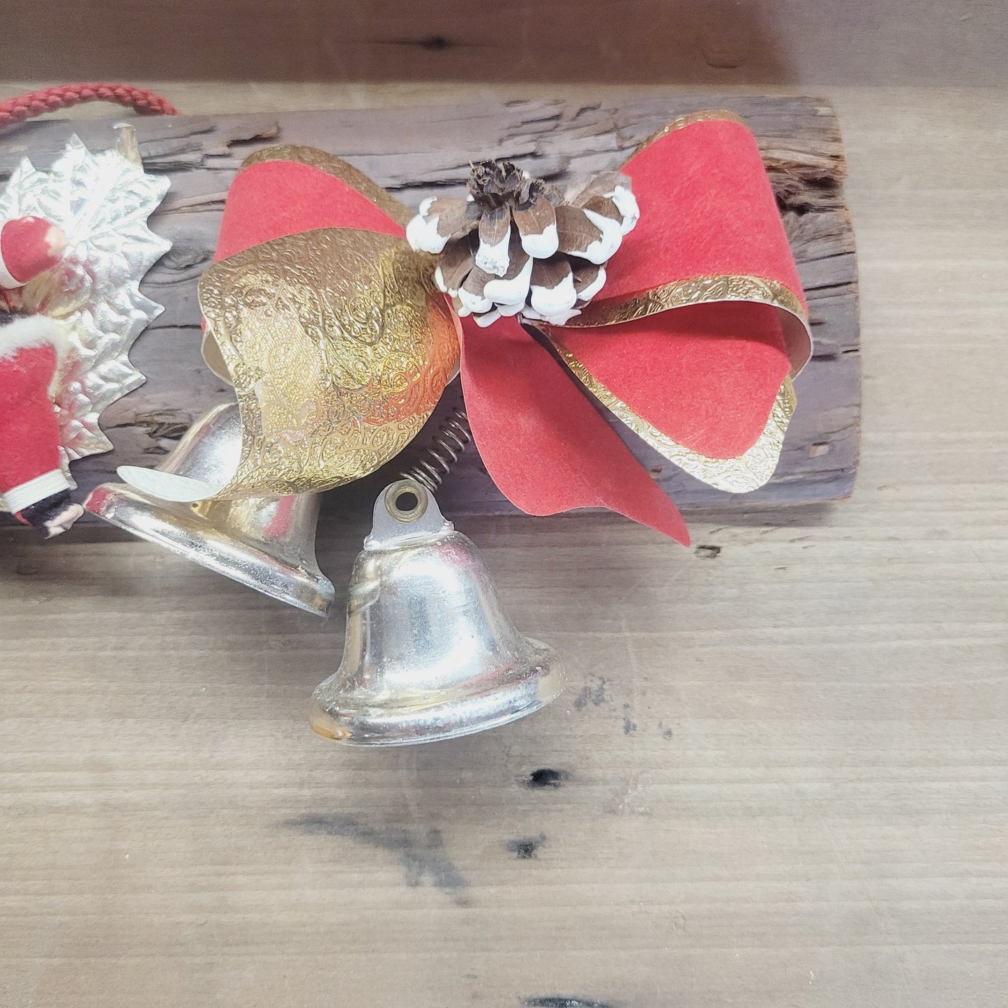 Vintage Yuletide Jingle Bell Door Hanger with Flocked Santa & Bows 14.5"