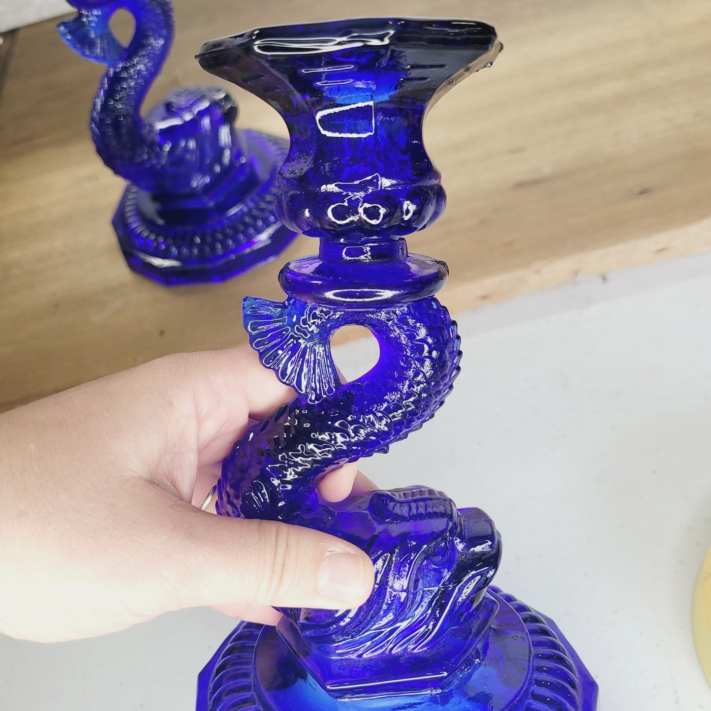 Vintage Portieux Vallerysthal Cobalt Blue Koi Fish Candlesticks Pair French Glass Dolphin Candle Holders