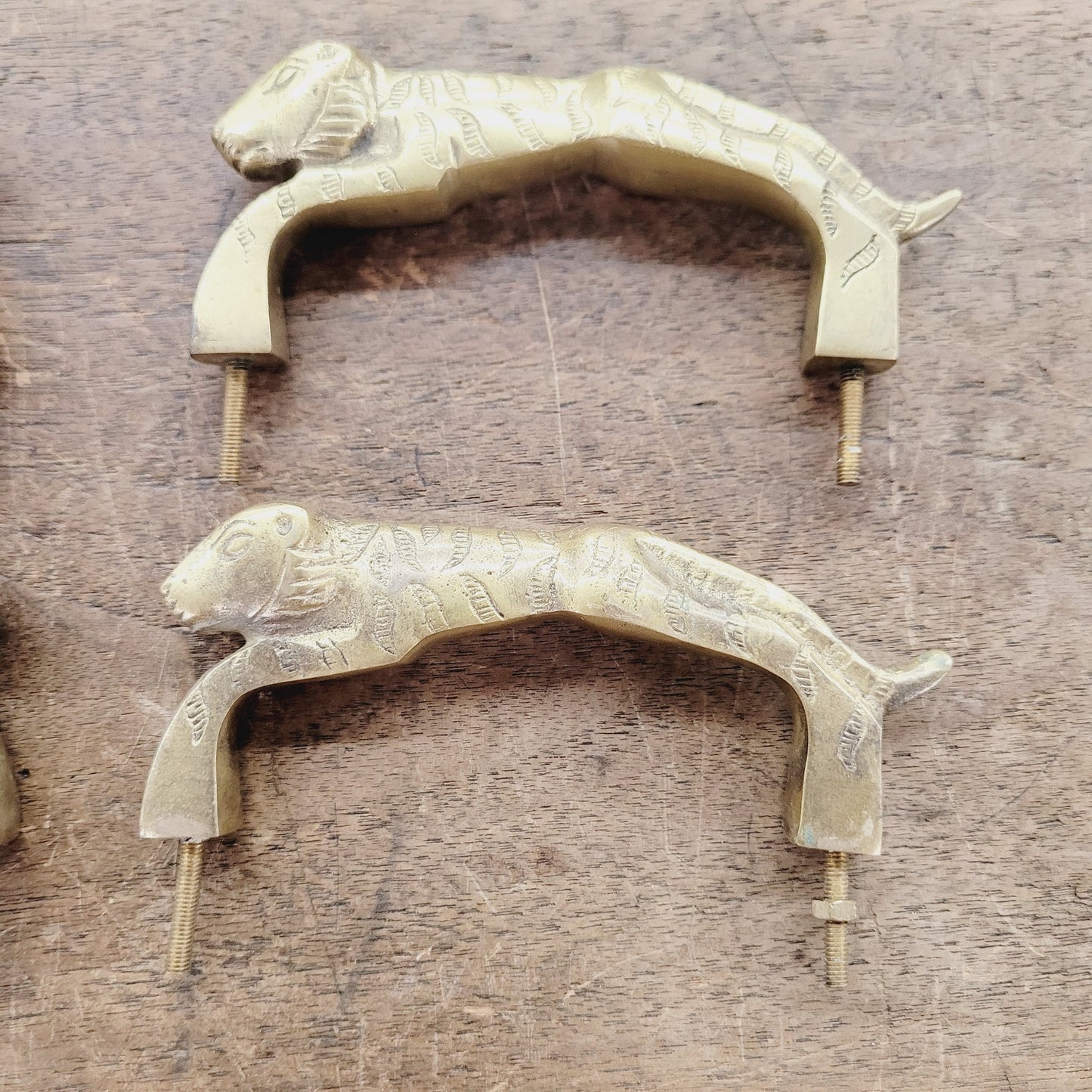 Vintage Brass Tiger Drawer Pulls 4pc Set Heavy Cabinet Hardware 4" Centers
