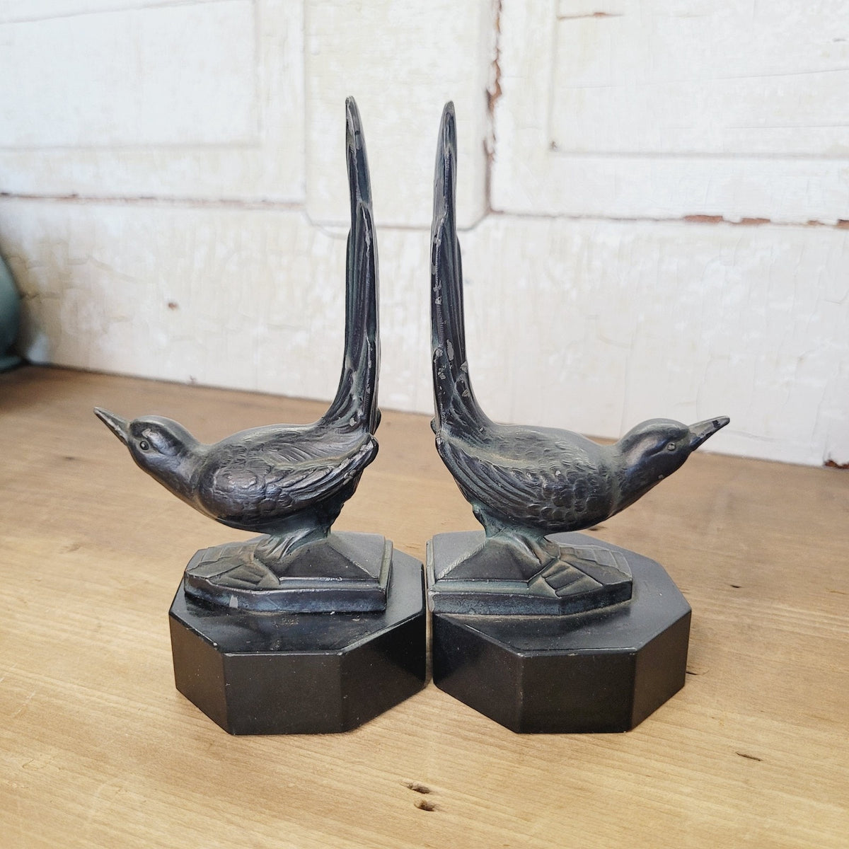 Vintage Art Deco Bookends Bird Figural Spelter Upswept Tail Black Stone Base