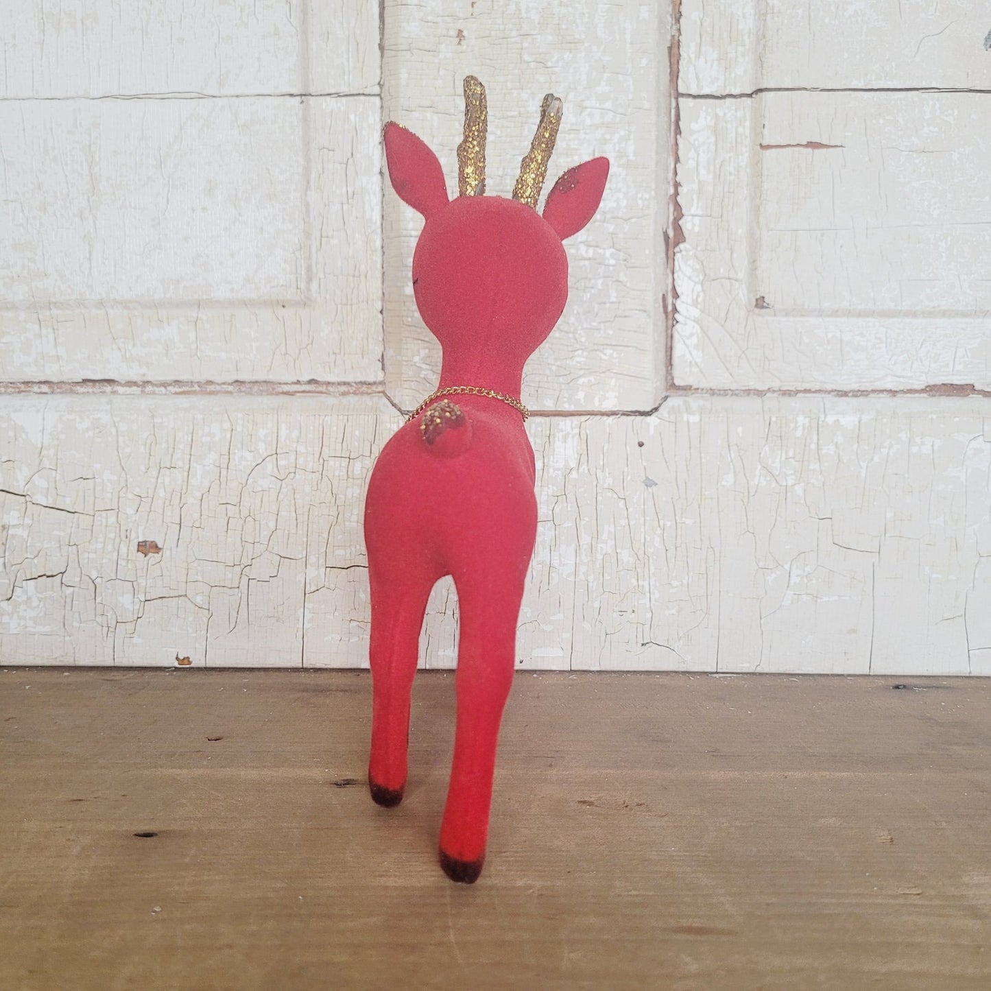 Vintage Red Flocked Reindeer 8" Figurine with Bell & Glitter Antlers