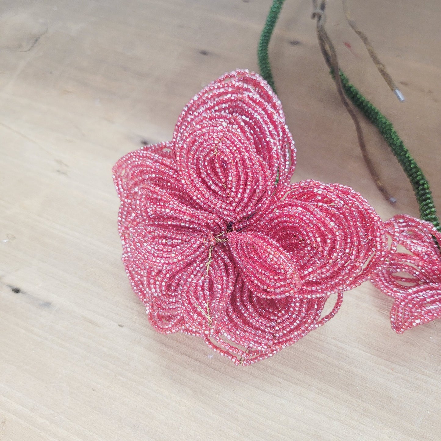 Vintage Red Beaded Glass Flowers Handmade Floral Stems Lot of 3
