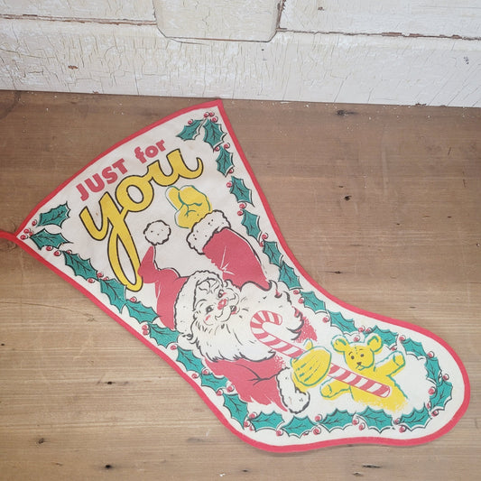Vintage 19" Santa Claus Christmas Stocking Teddy Bear Candy Cane Just for You