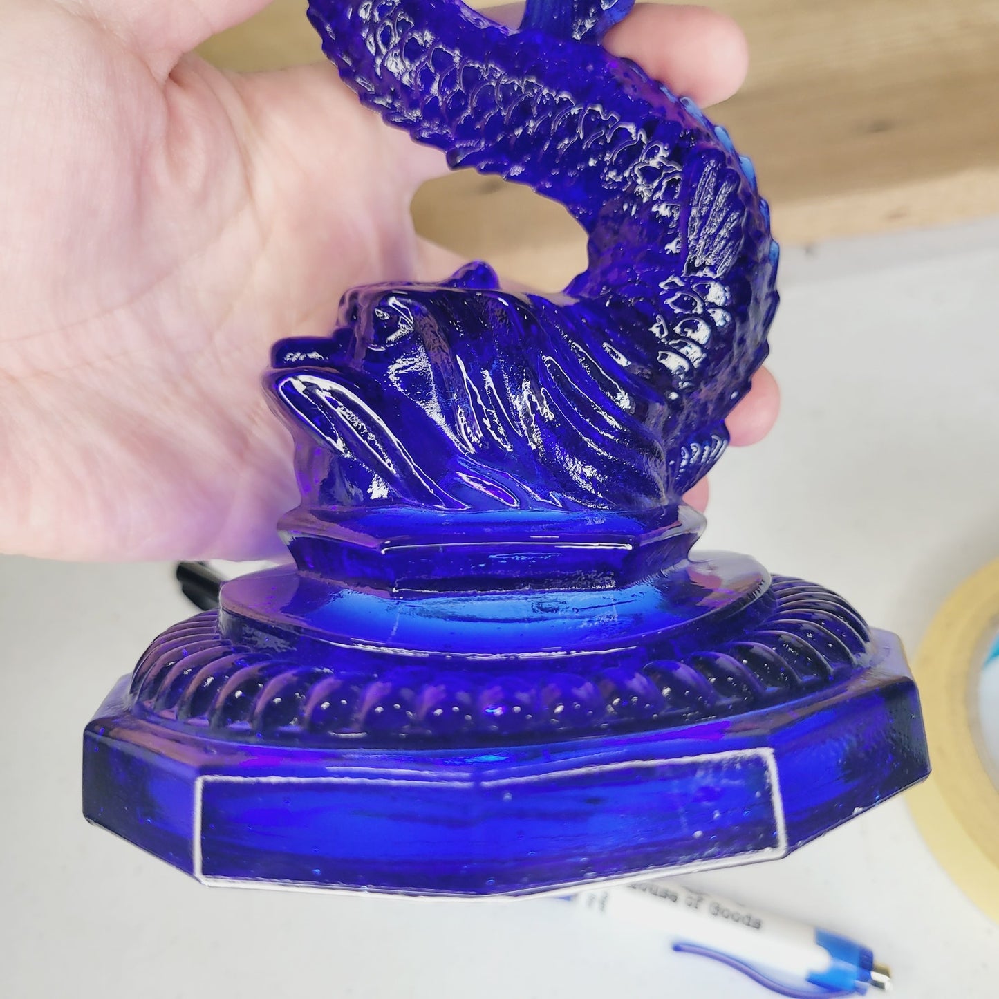Vintage Portieux Vallerysthal Cobalt Blue Koi Fish Candlesticks Pair French Glass Dolphin Candle Holders