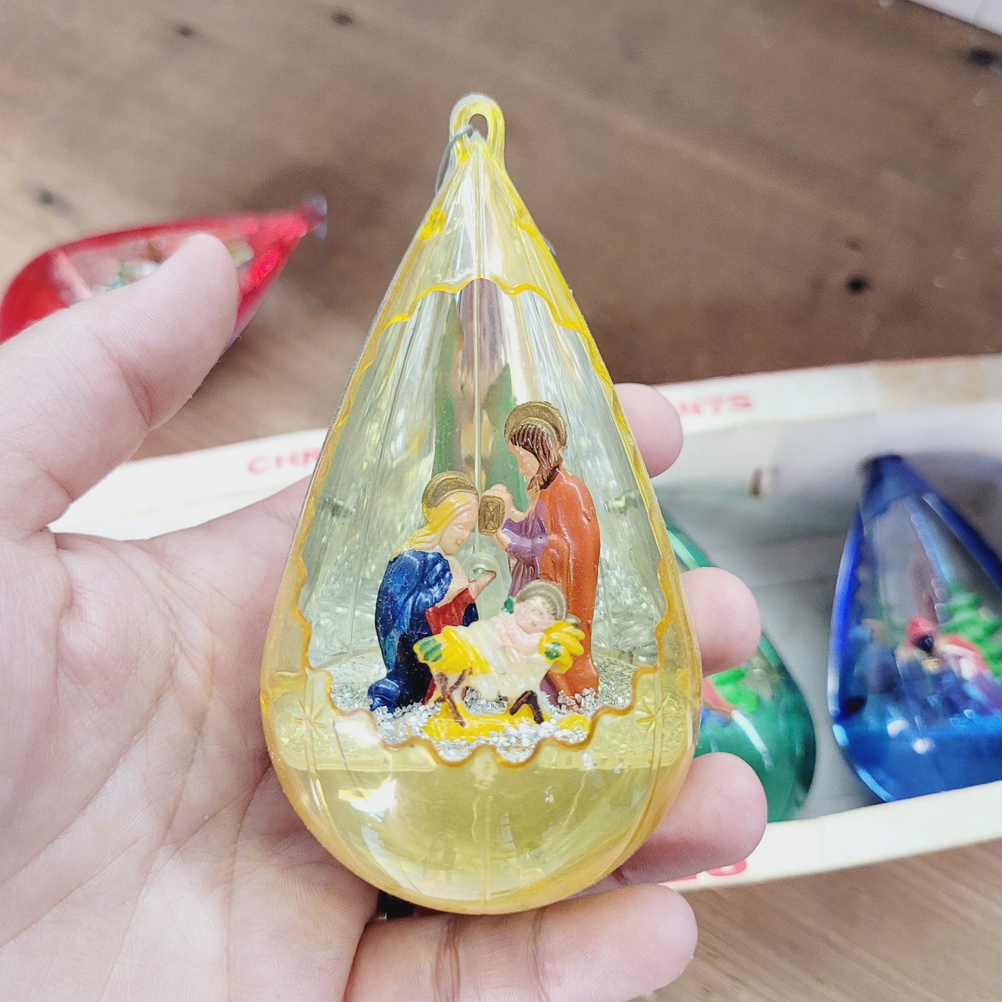 Vintage Jewel Brite Diorama Christmas Ornaments Set of 4 with Box 1950s 1960s