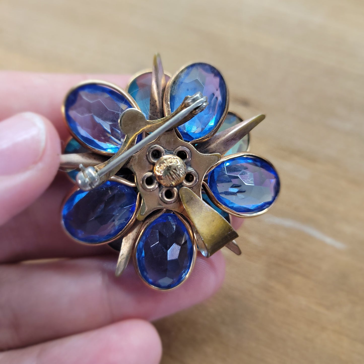 Vintage Walter Lampl Gold-Filled Pendant/Brooch w/ Aqua & Sapphire Blue Crystals