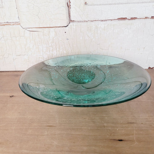 Vintage Blown Art Glass Bowl, Green Bubble Glass Dish, MCM Decor