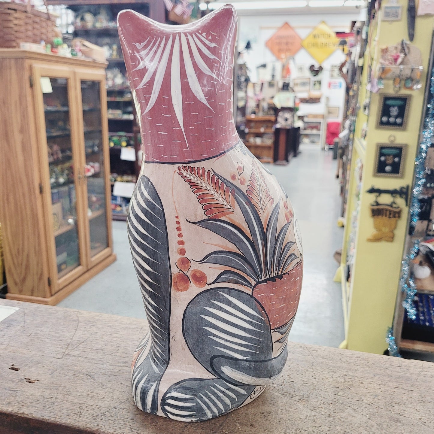 Vintage Mexican Tonala Sitting Cat Folk Art Pottery Hand Painted 14" Large