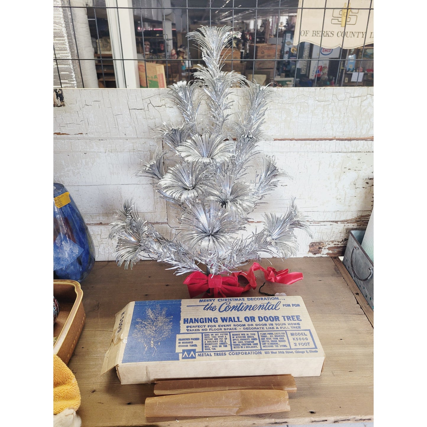 1950s Aluminum Pom Pom Hanging Christmas Tree | Wall Door Tree | 2 Ft Box #K5000