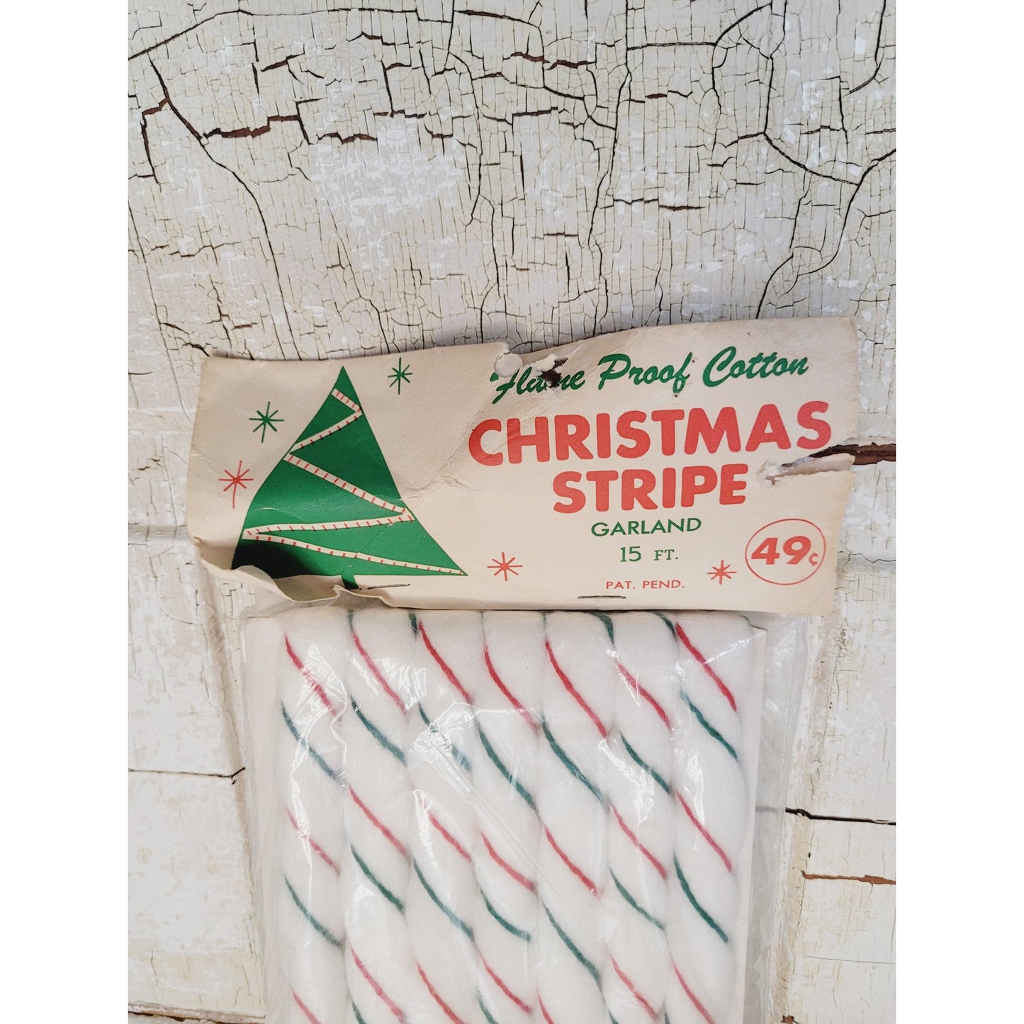 Vintage 1950s Christmas Garland Flame Proof Cotton Candy Cane Stripe 15 Ft