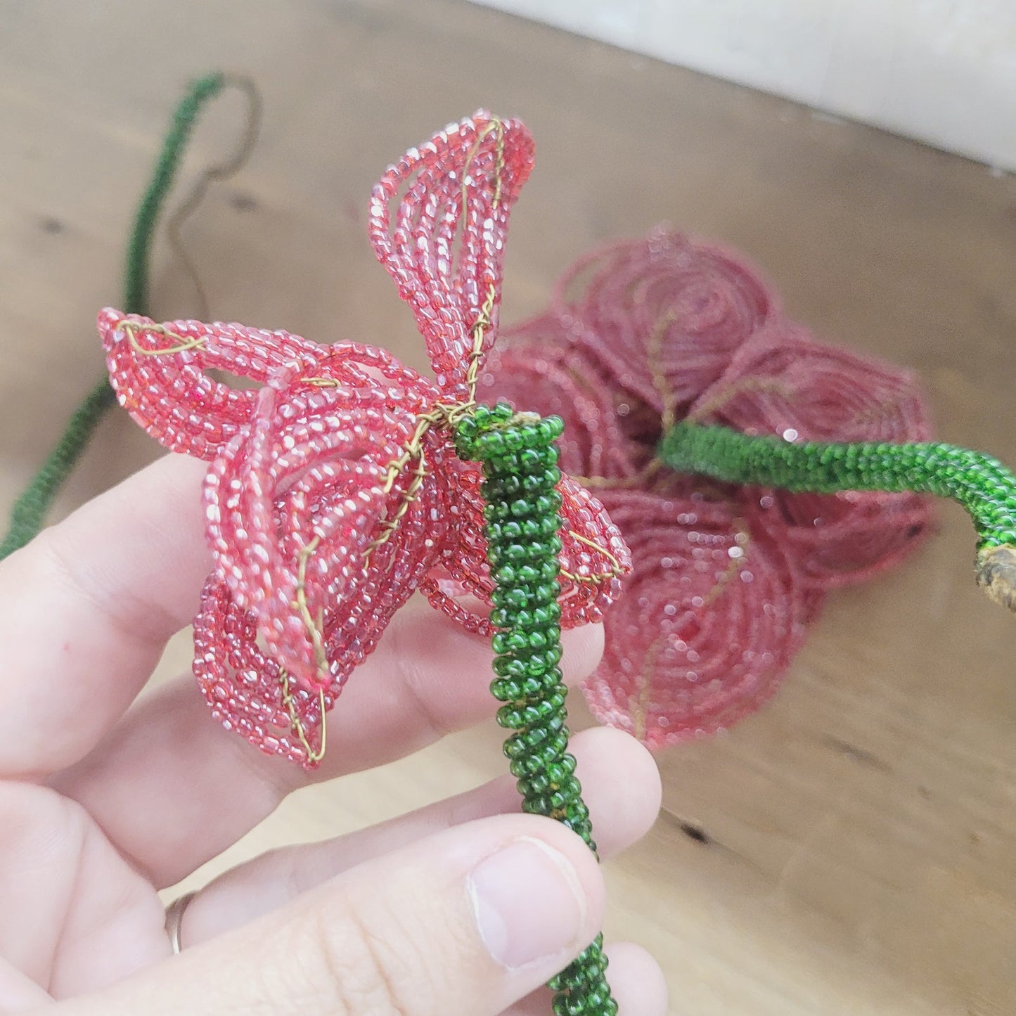 Vintage Red Beaded Glass Flowers Handmade Floral Stems Lot of 3