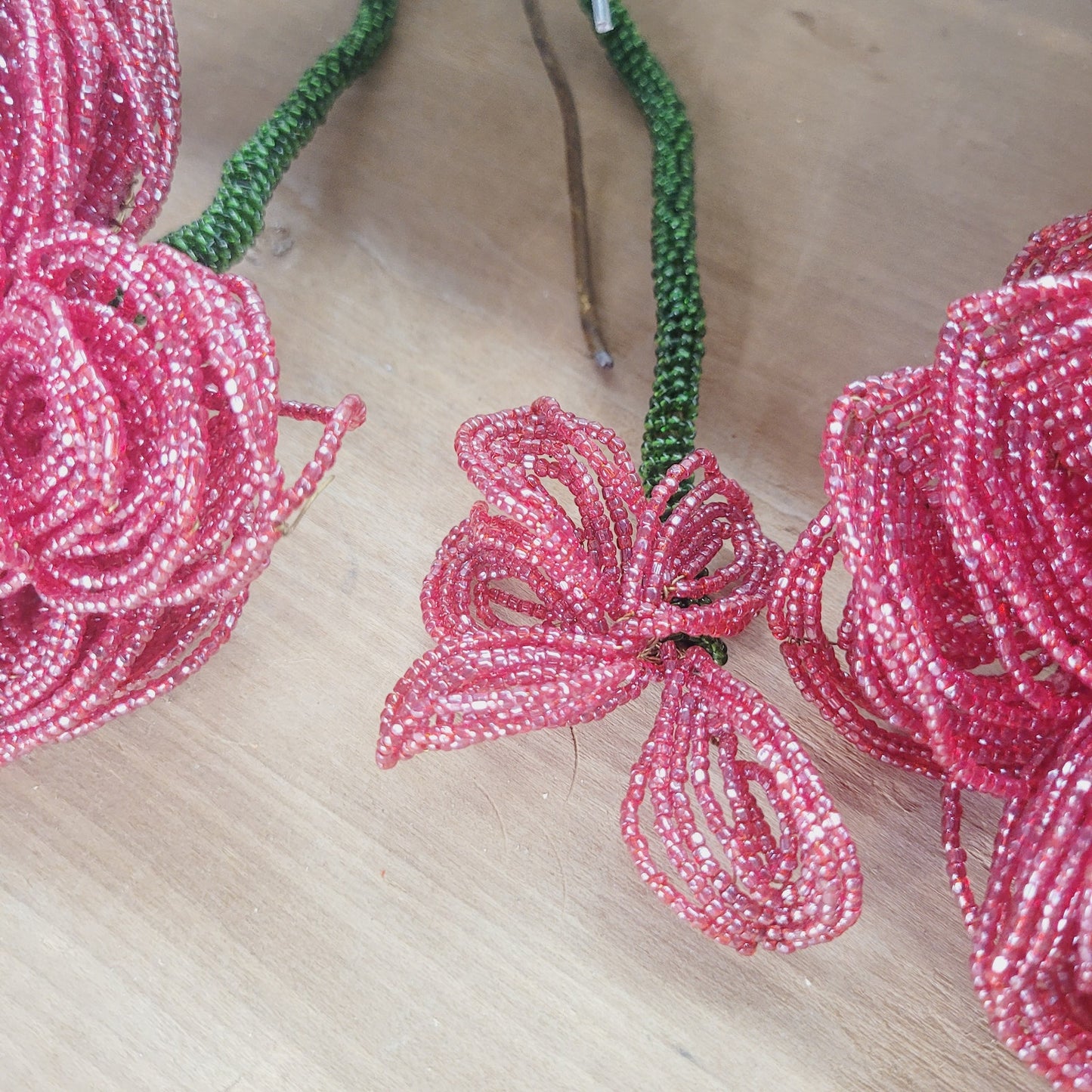 Vintage Red Beaded Glass Flowers Handmade Floral Stems Lot of 3