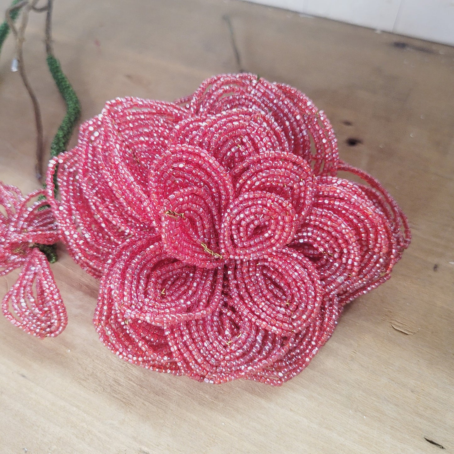 Vintage Red Beaded Glass Flowers Handmade Floral Stems Lot of 3