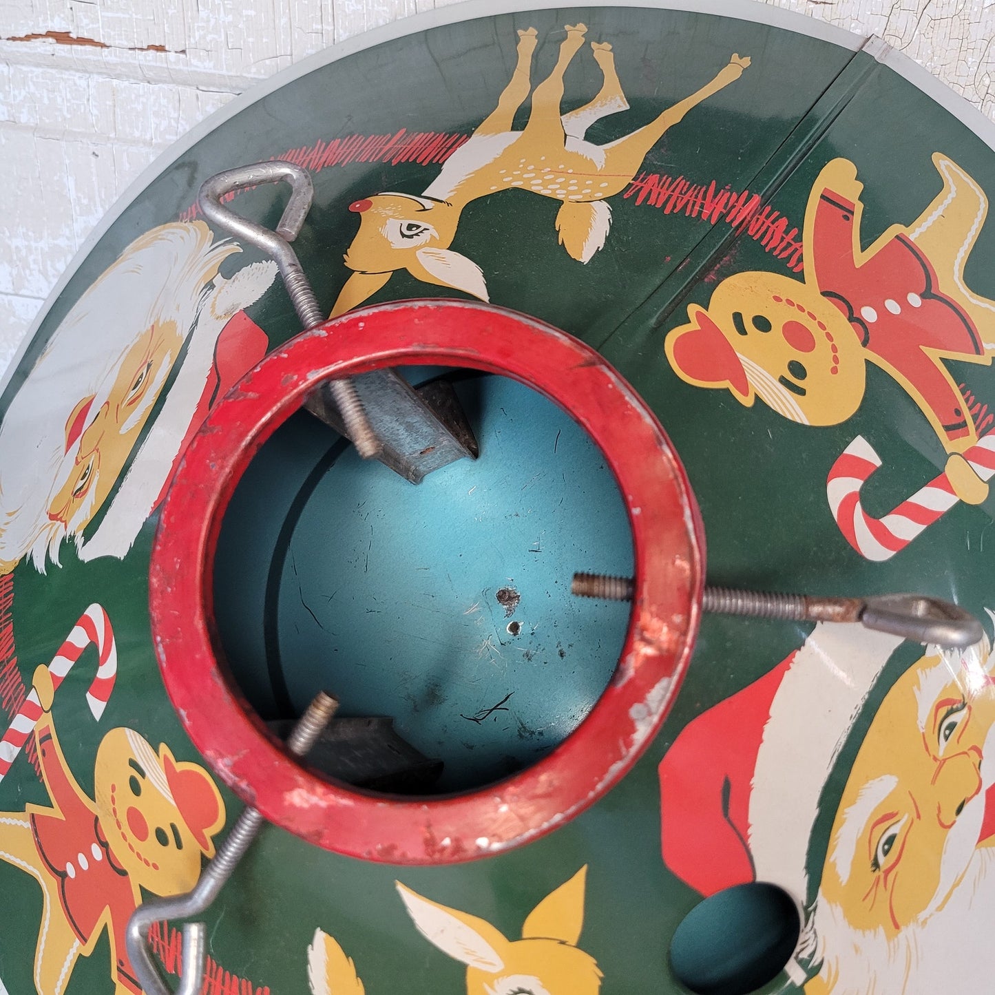 1950s Vintage Tin Metal Litho Christmas Tree Stand Santa Rudolph Gingerbread