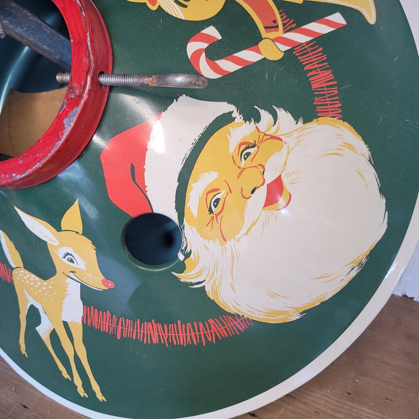 1950s Vintage Tin Metal Litho Christmas Tree Stand Santa Rudolph Gingerbread