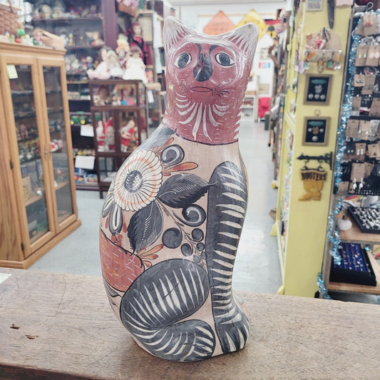 Vintage Mexican Tonala Sitting Cat Folk Art Pottery Hand Painted 14" Large