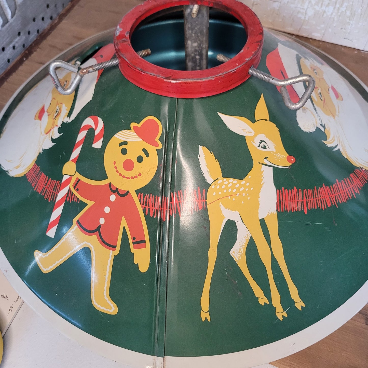 1950s Vintage Tin Metal Litho Christmas Tree Stand Santa Rudolph Gingerbread