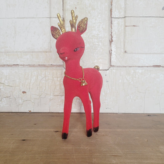 Vintage Red Flocked Reindeer 8" Figurine with Bell & Glitter Antlers