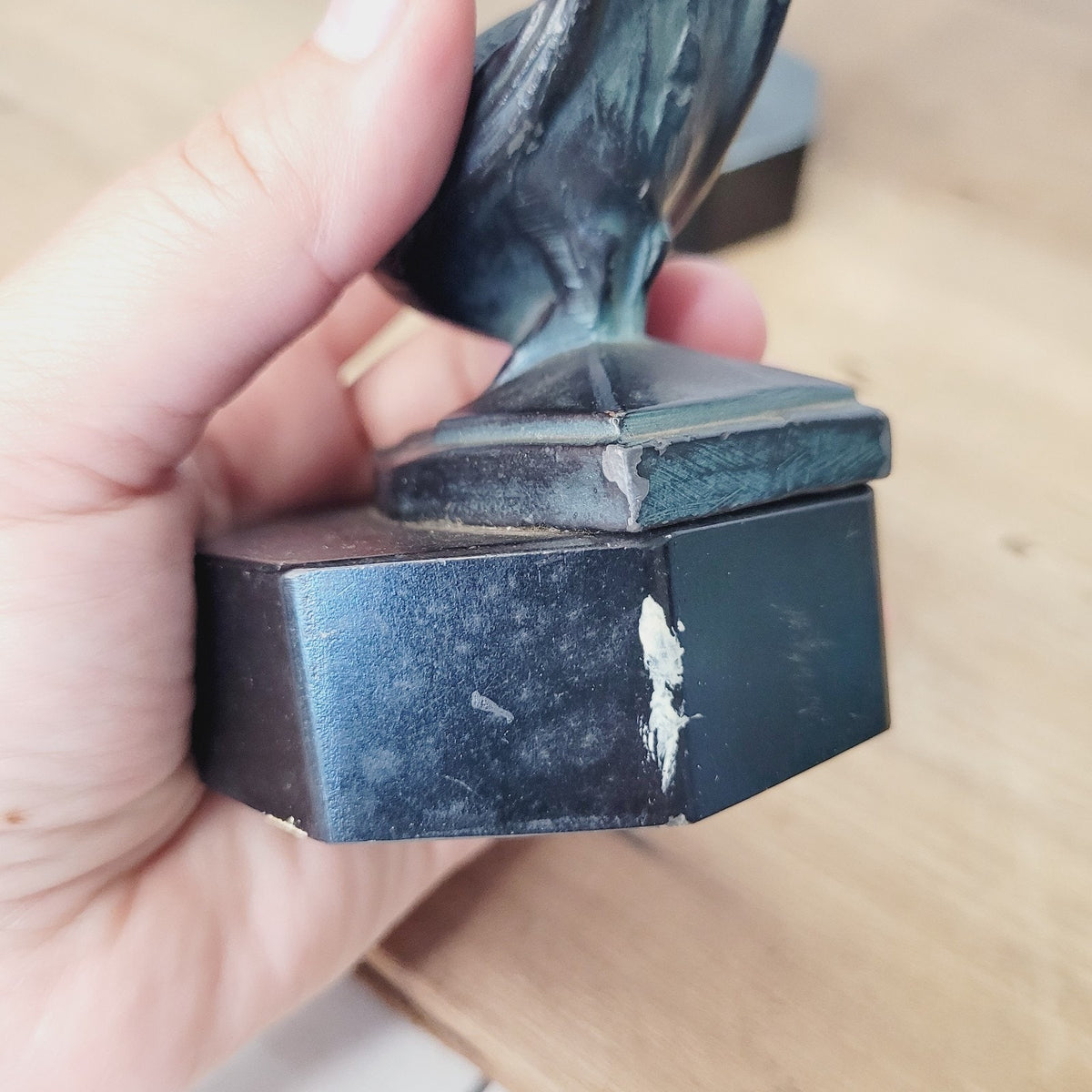 Vintage Art Deco Bookends Bird Figural Spelter Upswept Tail Black Stone Base