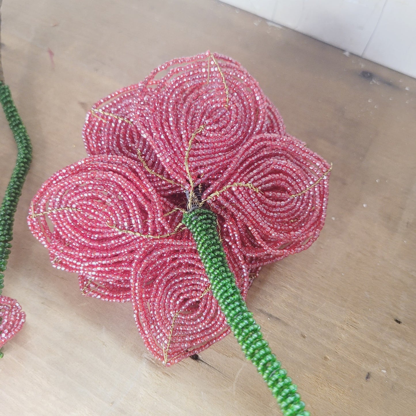 Vintage Red Beaded Glass Flowers Handmade Floral Stems Lot of 3