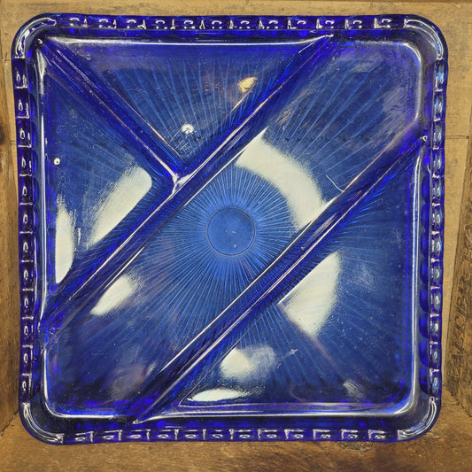 Vintage Cobalt Blue Depression Glass Divided Tray, Square, Vegetable Server