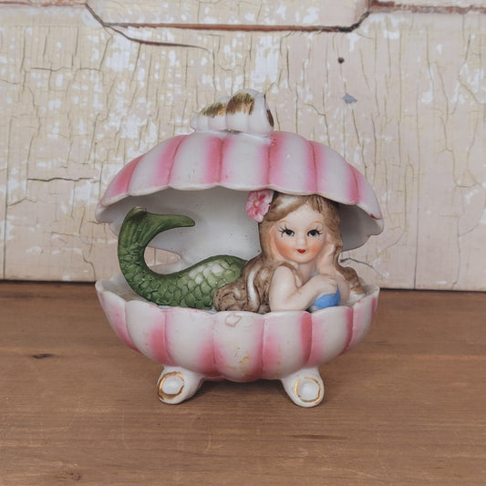 Vintage Kitsch Bisque Mermaid Figurine in Pink Shell, Charming Decor Collectible