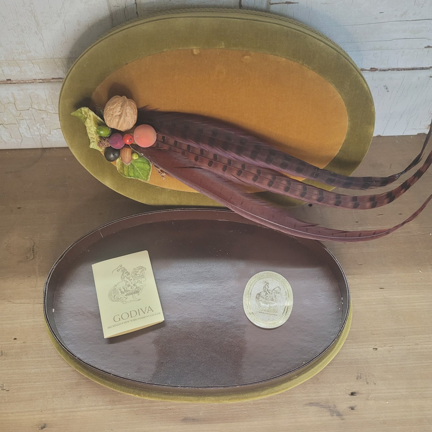 Vintage Godiva Velvet Chocolate Box 14" Oval with Feathers Fruit & Gift Box