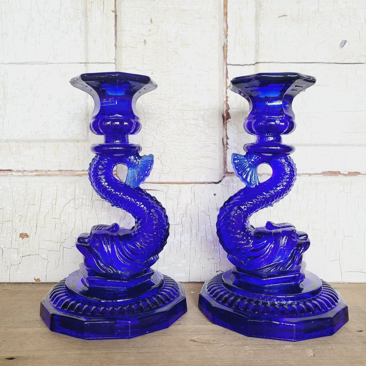 Vintage Portieux Vallerysthal Cobalt Blue Koi Fish Candlesticks Pair French Glass Dolphin Candle Holders