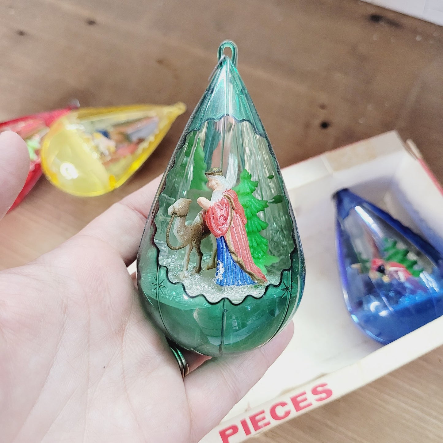 Vintage Jewel Brite Diorama Christmas Ornaments Set of 4 with Box 1950s 1960s