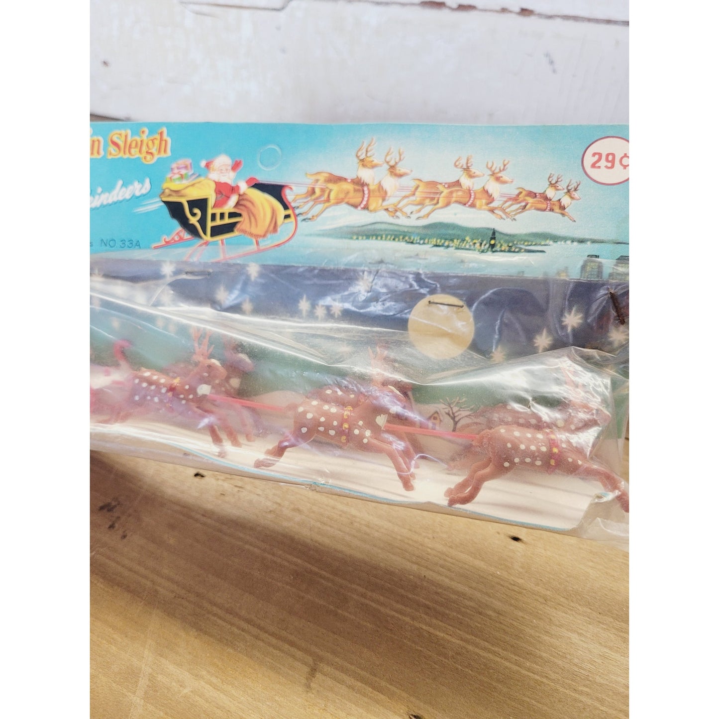 Vintage NOS Santa Claus in Sleigh with Reindeer | Made in Hong Kong | 10"