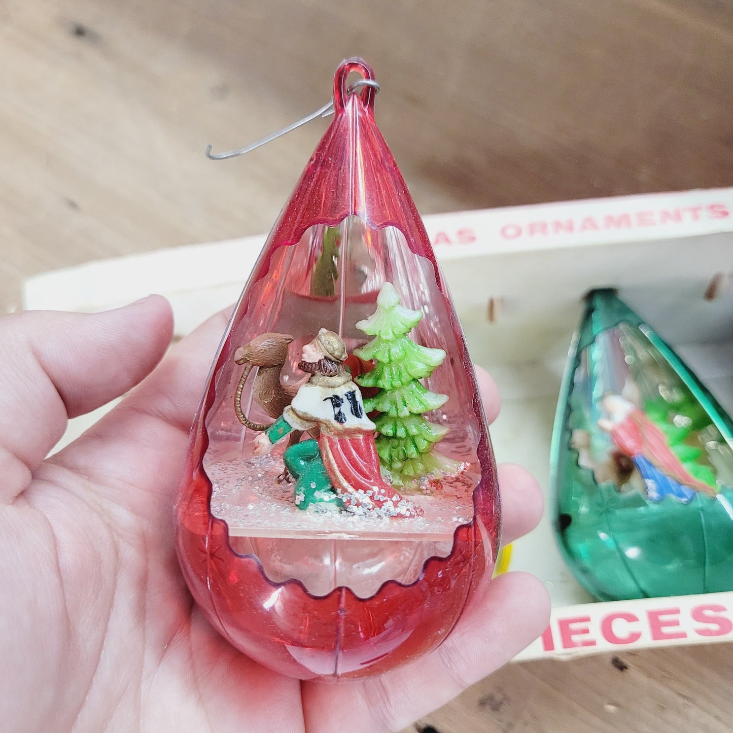 Vintage Jewel Brite Diorama Christmas Ornaments Set of 4 with Box 1950s 1960s