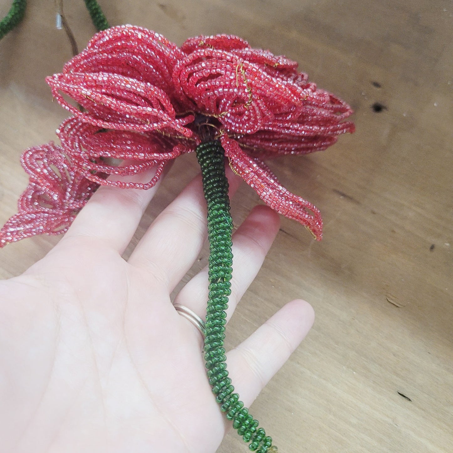 Vintage Red Beaded Glass Flowers Handmade Floral Stems Lot of 3