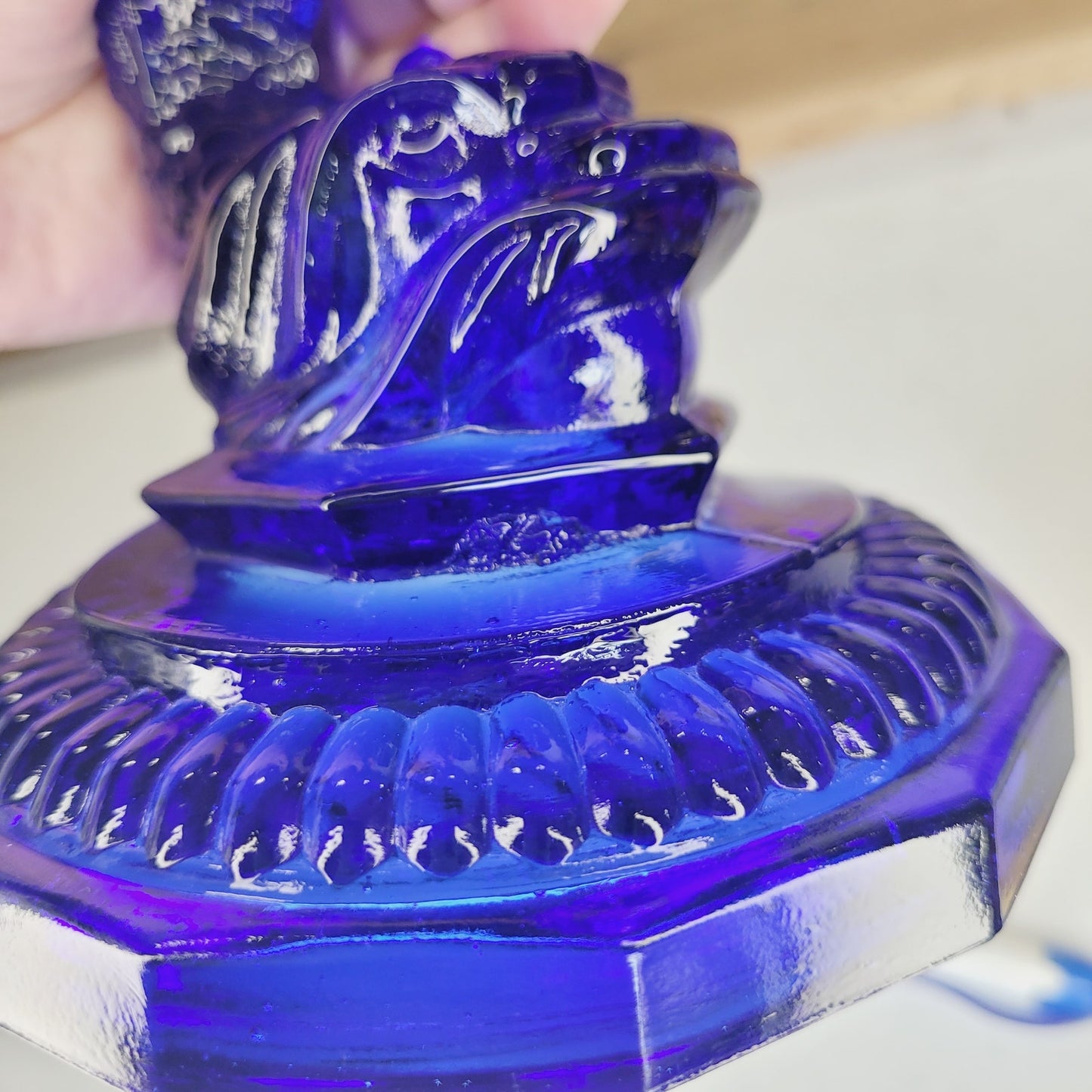 Vintage Portieux Vallerysthal Cobalt Blue Koi Fish Candlesticks Pair French Glass Dolphin Candle Holders