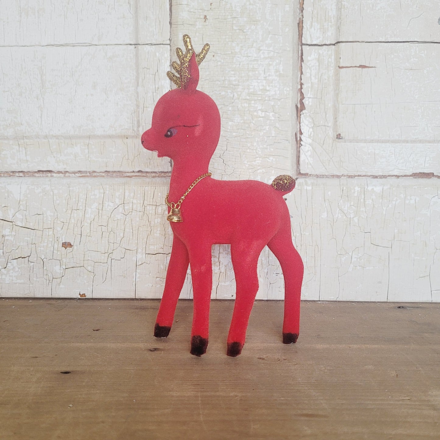 Vintage Red Flocked Reindeer 8" Figurine with Bell & Glitter Antlers