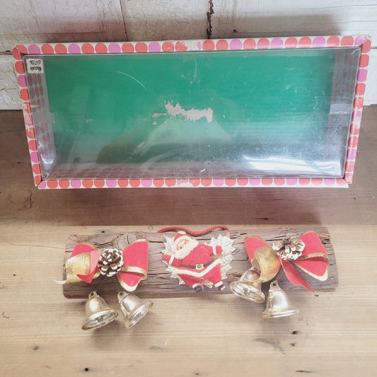 Vintage Yuletide Jingle Bell Door Hanger with Flocked Santa & Bows 14.5"